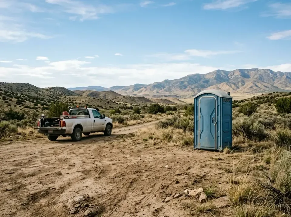 Portable Toilet — Remote Location — Portable Toilet, Pickup Truck, Dirt Road, Remote Location, Portable Toilet Rental in Mar…