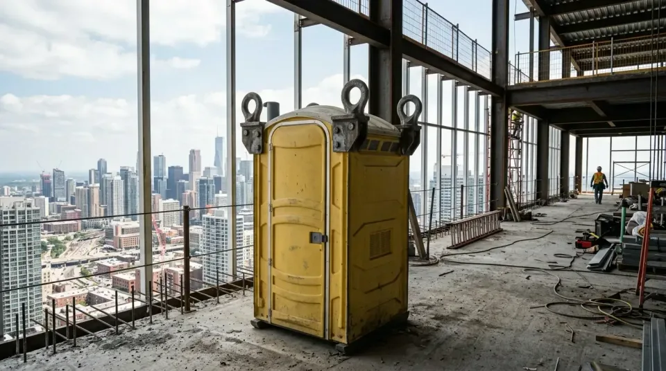 Yellow Portable Toilet — High-rise Construction Site